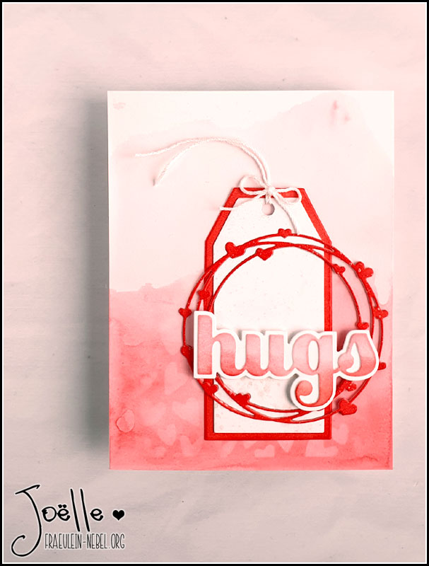 Grußkarte mit rosa Aquarell-Look, rosa Tag mit Herzen und "hugs"-Schriftzug | fraeulein-nebel.org