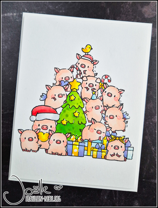 Weihnachtskarte, ein Haufen kleiner Schweine bilden die Form eines Weihnachtsbaums. Stempel von Mama Elephant